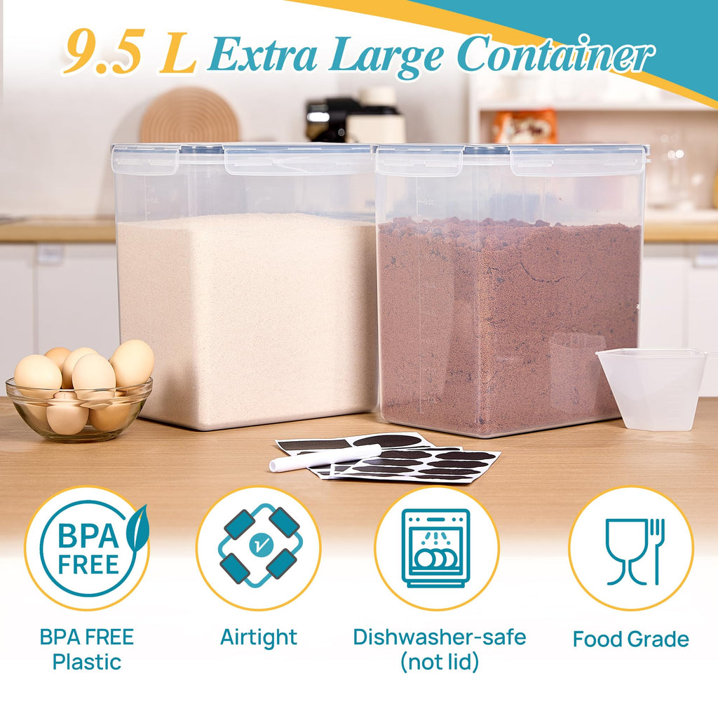 Vtopmart 9.5L 2 Pack Extra Large Flour Sugar Storage Containers, Each for 12.5 lbs flour, Airtight Kitchen Pantry Organization Canisters with Lids for Bulk food, Rice, Baking Supplies, BPA Free, Black