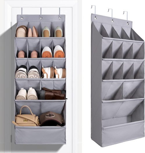 FENTEC Over-The-Door Shoe Organizer - 15 Pocket Hanging Rack for Closet Storage | Gray