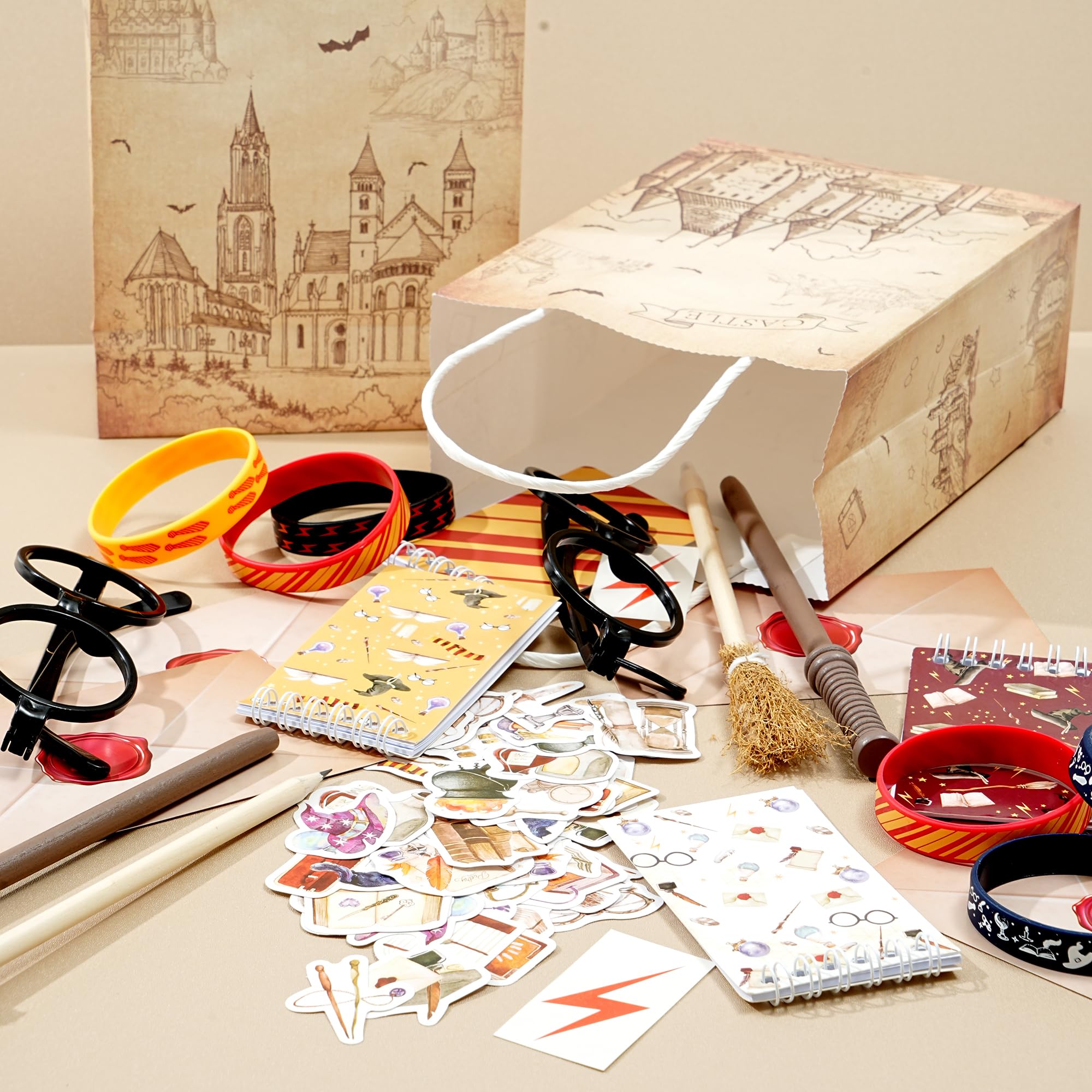 HandTool 100pcs Wizard Party Favors, Birthday Party Supplies Including Wizard Glasses, Wand Pencils, Lightning Tattoos, Envelope card, Magic Birthday Decorations Gifts Classroom Rewards for Kids