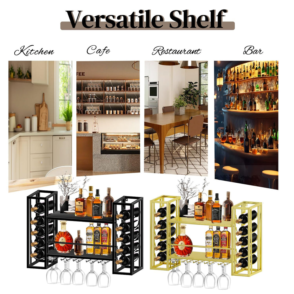 FLRH Metal Wall Mounted Wine Rack, Hanging Floating Bottle Holder with Glass Rack, Wall Display Storage Shelf for Home Bar, Dining Room, Kitchen, Gold