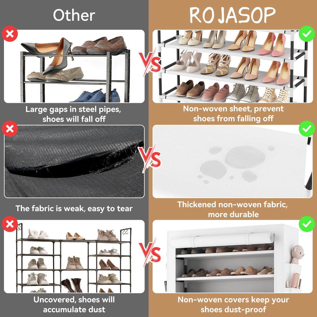 ROJASOP Shoe Rack with Covers 10 Tier Large Shoe Organizer Tall Shoe Closet Storage for 50-55 Pairs Shoe and Boot, Free Standing Shoe Rack Organizer for Closet, Entryway, Bedroom, White