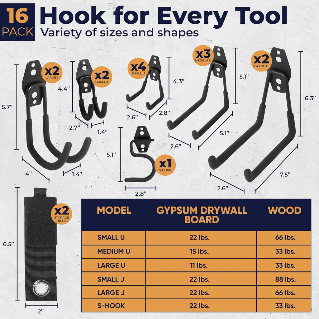 Steel Heavy Duty Garage Hooks - 16 Pack Anti-Slip Wall Mount Organizer for Tools, Bikes & More