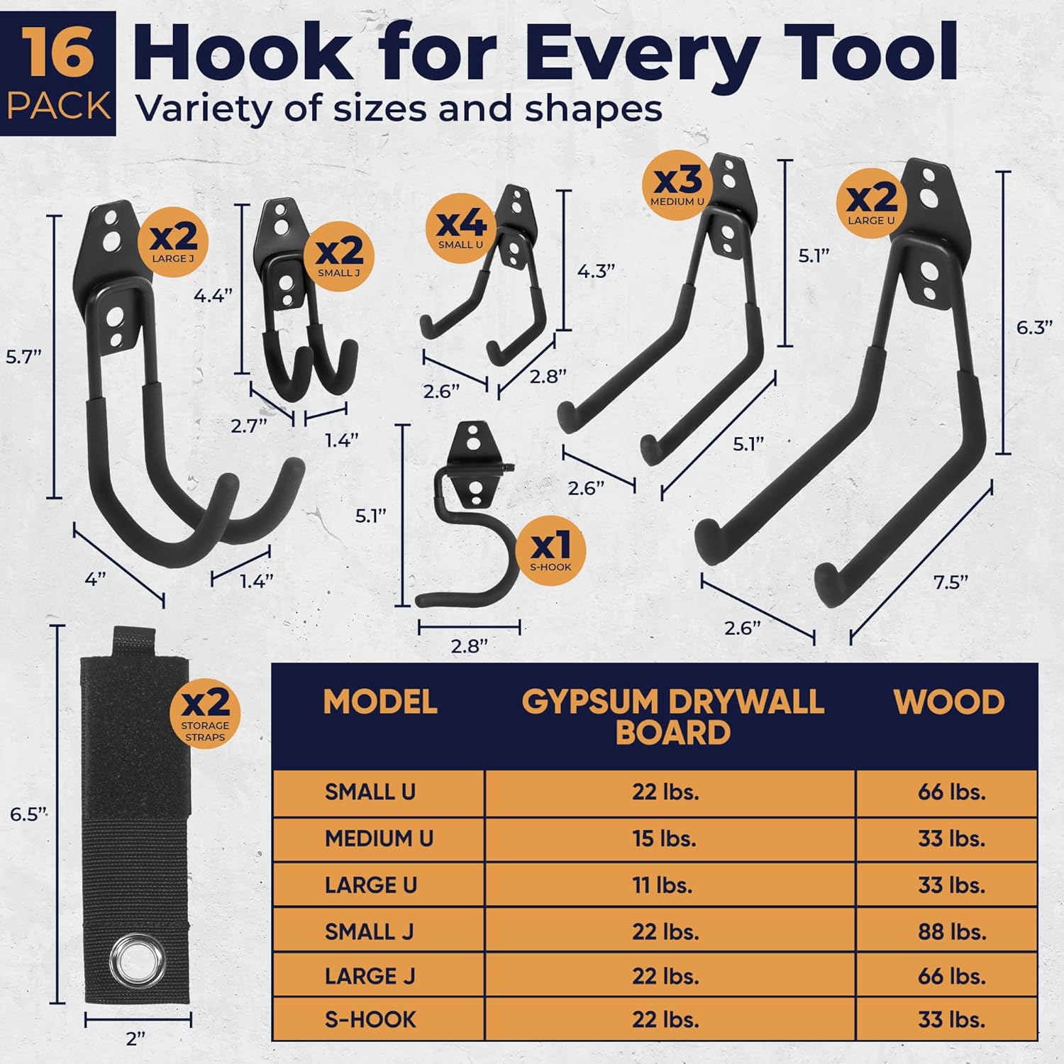 Steel Heavy Duty Garage Hooks - 16 Pack Anti-Slip Wall Mount Organizer for Tools, Bikes & More