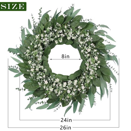 26'' Eucalyptus and Babys Breath Flowers Wreath for Front Door - Large Artificial Greenery Outdoor Wreath for Porch,Window,Farmhouse,Home,Hanging Decor- Spring, Summer, All Seasons (Green-White)
