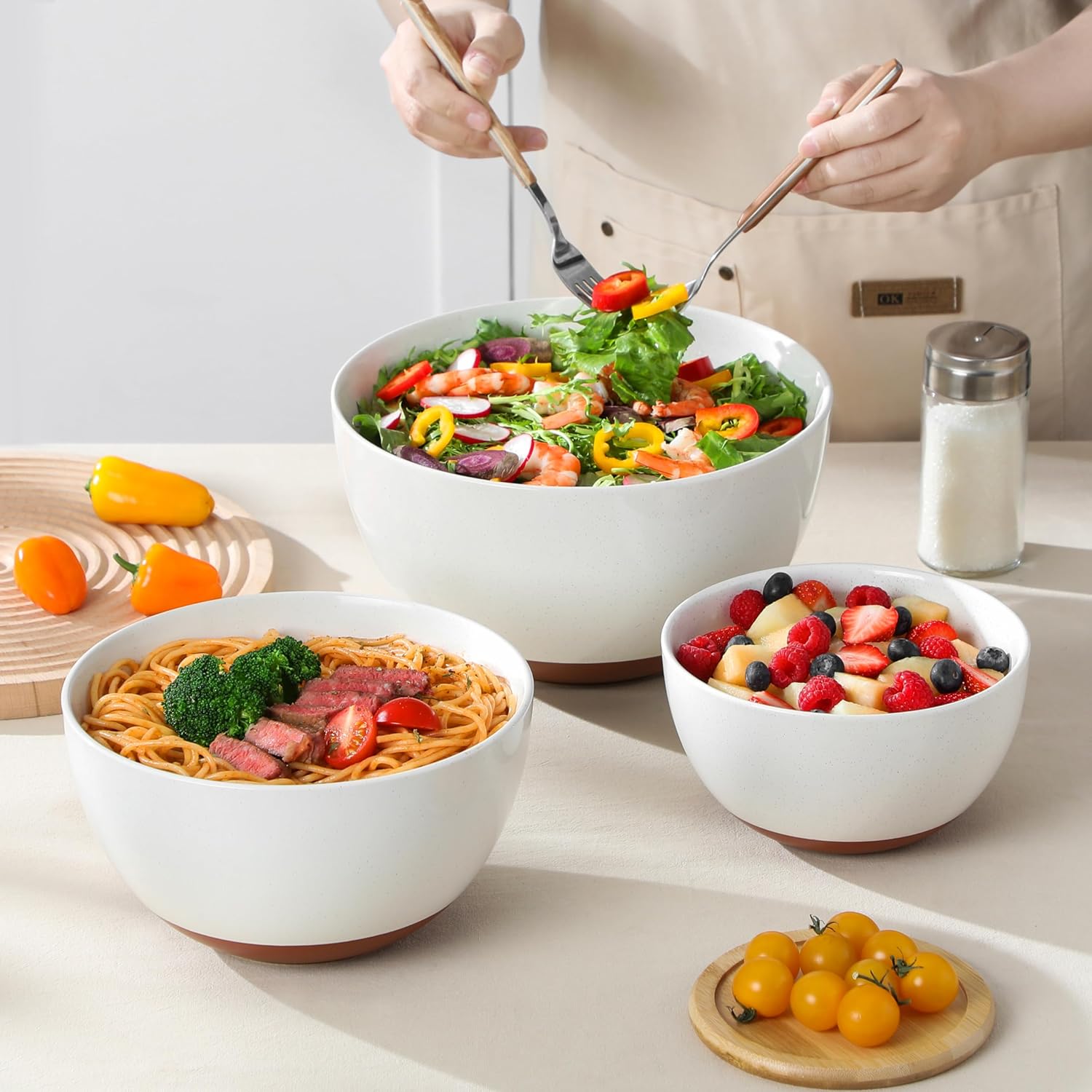 MALACASA Ceramic Mixing Bowls Set of 3 | Large Nesting Bowls for Cooking & Baking | Oven & Dishwasher Safe - 46/80/140 Oz