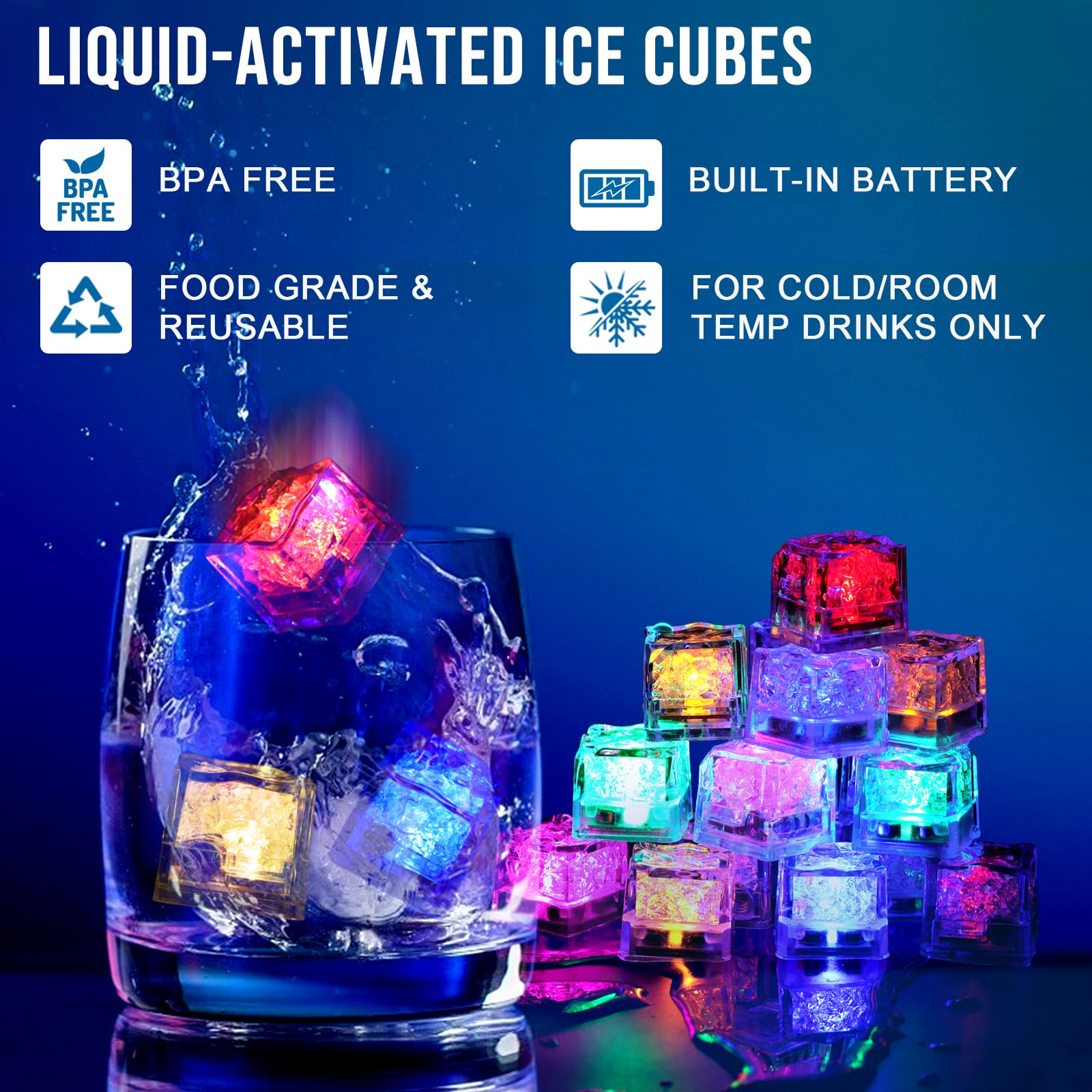 Light Up Ice Cubes, 96 PCS Multi Color Led Ice Cubes for Drinks with Changing Lights, Reusable Glowing Flashing Ice Cube for Club Bar Party Wedding Decor