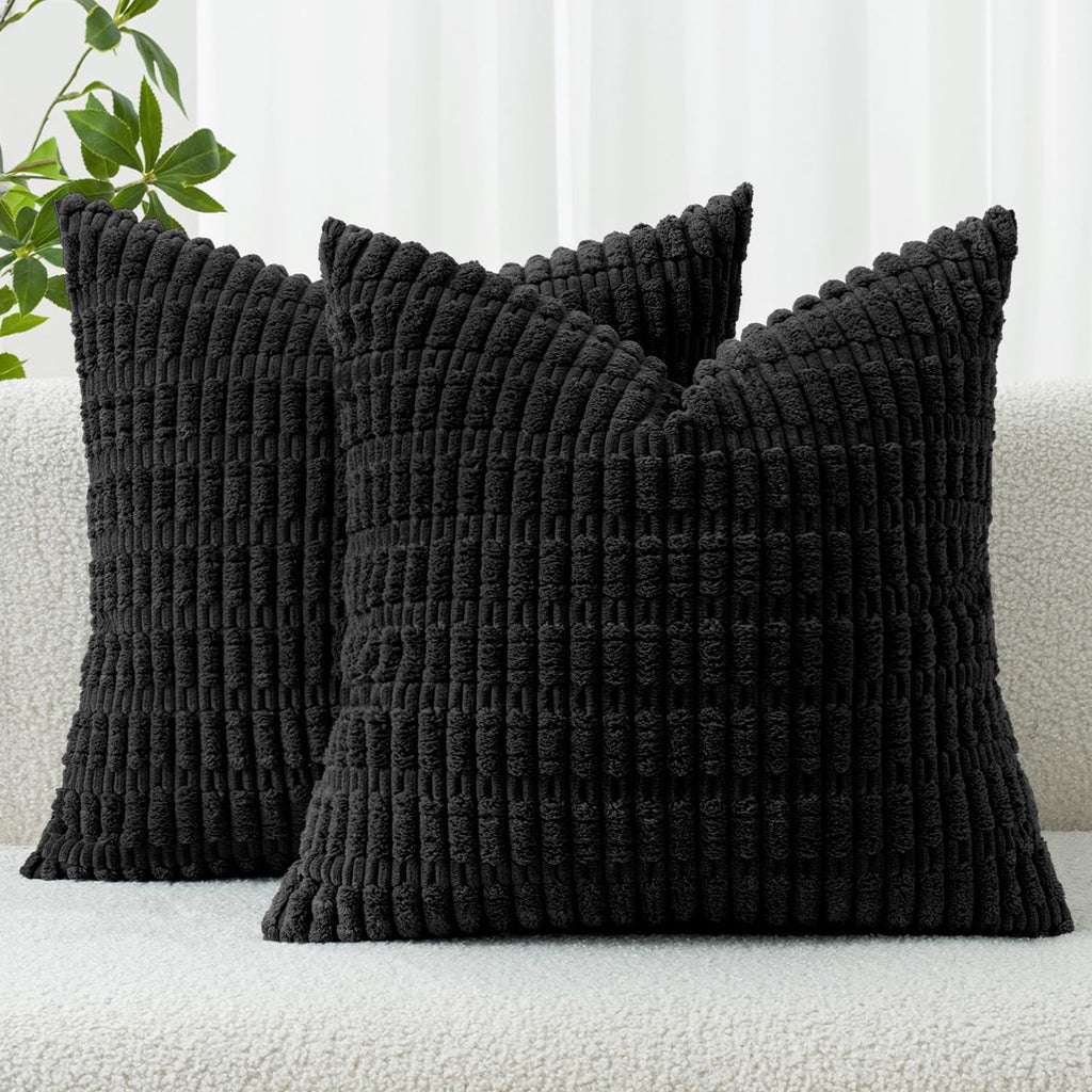 MIULEE Corduroy Throw Pillow Covers - Soft Boho Striped Design | 18x18 Inch | Modern Farmhouse Decor in Black