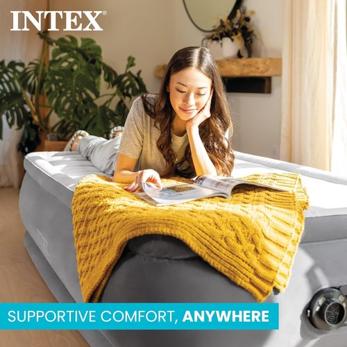 Intex Twin Size Air Mattress - 18" Height, Built-in Pump, Dura-Beam Deluxe Comfort for Travel & Guests