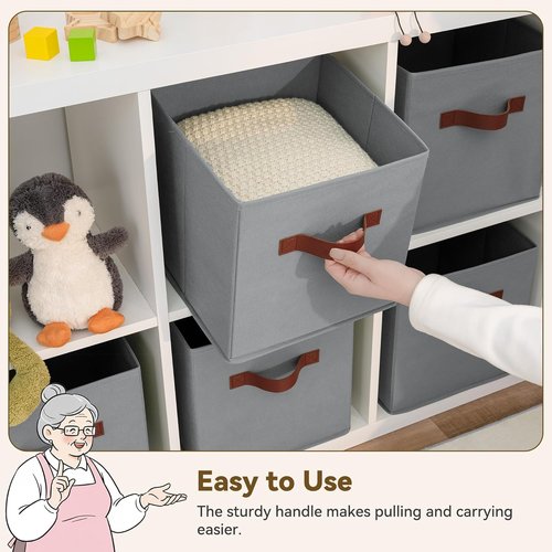 Granny Says 11-Inch Cube Storage Bins - 6 Pack Foldable Fabric Organizers with PU Handle | Grey