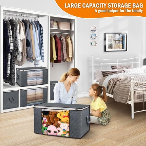 Budding Joy | Foldable Large Blanket Storage Bags - 60L Capacity, Enhanced Handles, 6-Pack Gray