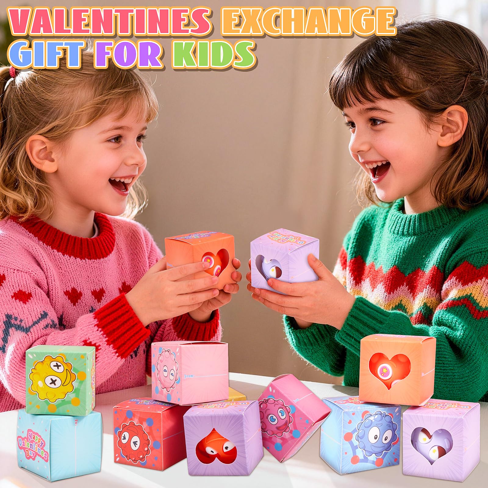 Valentines Day Gifts for Kids, 24 PACK Prefilled Valentines Box with 3D Pop Fidget Ball, Valentines Party Favors, Valentines for Class Boys Girls, Kids Valentines Day Gifts for School Classroom