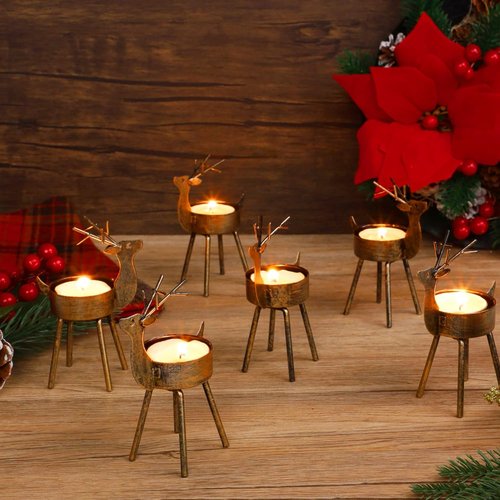 Juegoal Reindeer Tealight Candle Holders - Set of 6 Rustic Bronze Iron Metal Christmas Decorations | Durable Holiday Centerpiece