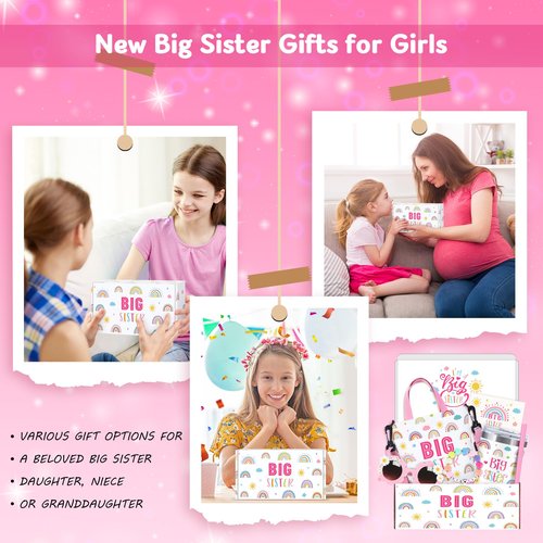 Big Sister Gifts for Girls Cute Promoted to New Big Sister to Be Announcement Gift Set Basket Includes 12OZ Tumbler Canvas Bag Bracelet for Little Girls Gift Ideas for Older Siblings of New Baby