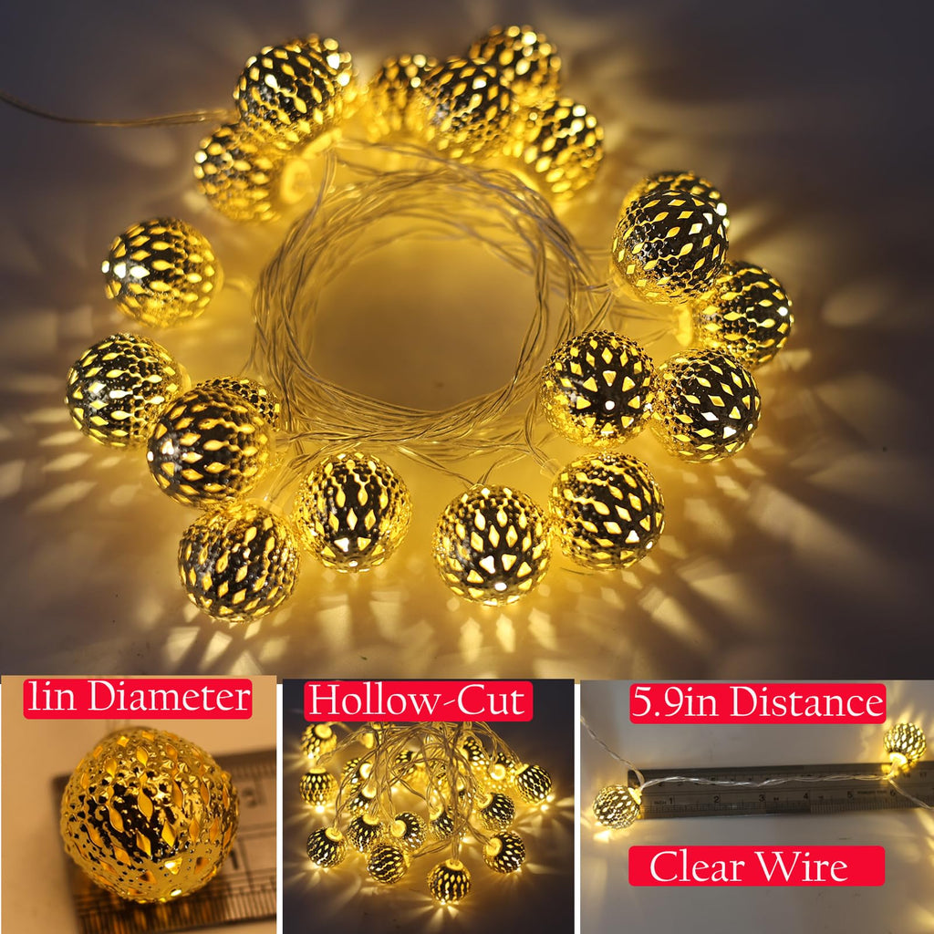 USB & Battery Operated Pattern Lanterns String Lights, Decorative Fairy Boho Light for Home Bedroom, 9.8ft 20 LED Gold Moroccan Globe Diwali Decoration for Christmas Birthday Party (Warm White)