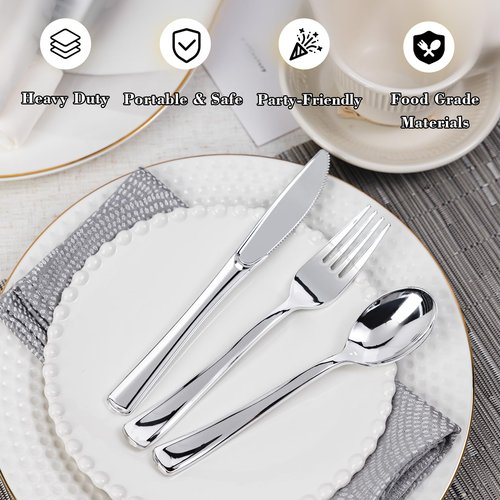 N9R 120 Pack Pre Rolled Silver Plastic Silverware Set, Wrapped Silverware Set Disposable with 120 Forks, 120 Knives, 120 Spoons, 120 Napkins, Disposable Cutlery Set for Party and Wedding
