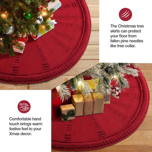 Christmas Tree Skirt 48 Inch Large - Knit Knitted Thick Rustic Tree Skirt Decor for Fall Thanksgiving Day Xmas Holiday Party Winter Farmhouse New Year Decoration Indoor Outdoor(Red)