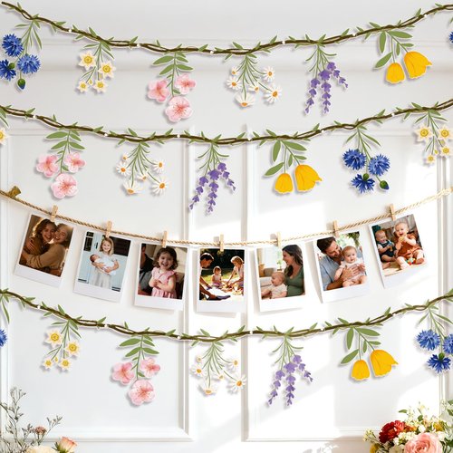 JIAYIQI 2PCS Wildflower Party Decorations - 7.9FT Pre-Strung Floral Garlands for Baby Shower Bloom Birthday Tea Party Wedding - Reusable & DIY Hanging Flower Garland for Garden Theme & Spring