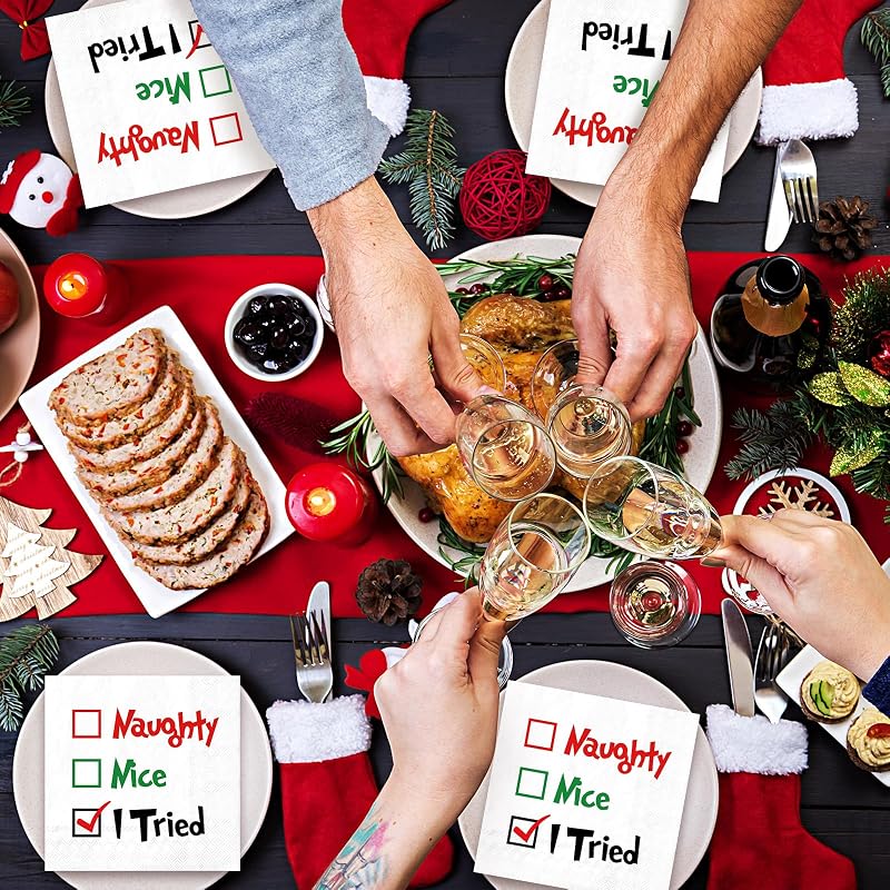 Naughty or Nice Christmas Cocktail Napkins – 50 Pack Disposable Paper Napkins for Holiday Parties