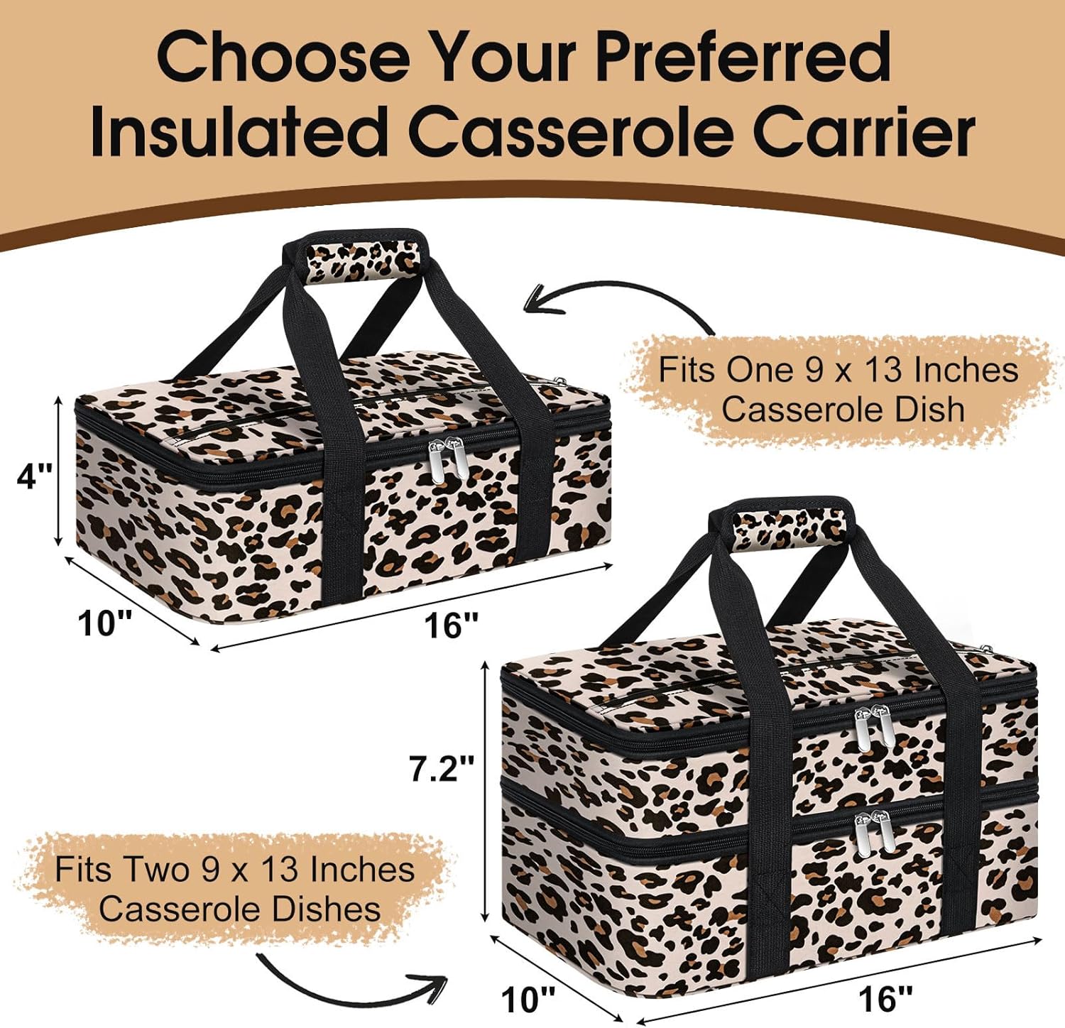 Skiennix Insulated Casserole Carrier - Portable Hot/Cold Food Tote for Potluck Parties | Fits 9" x 13" Dish - Leopard