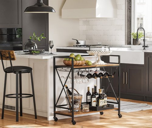 VASAGLE Bar Cart, Serving Cart, Mobile Kitchen Shelf with Glass Stemware Rack and Wine Bottle Holders, Industrial, Rustic Brown and Black ULRC088B01