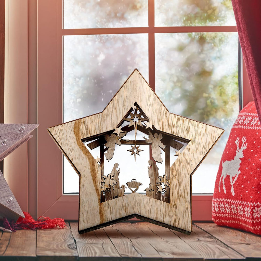 Skiennix Wooden Nativity Scene Set - Rustic Christmas Tabletop Decoration with LED Light | Indoor Decor