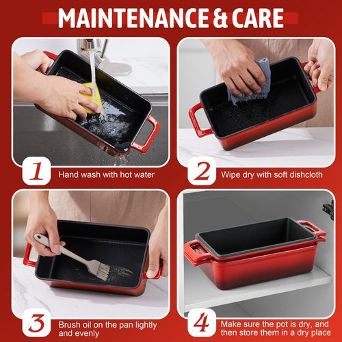 P&P CHEF 2-In-1 9 x 5 Inch Cast Iron Loaf Pan with Lid (Red), Bread Loaf Pans for Baking Homemade Sourdough Bread, Meatloaf, Toast, Cake, Nonstick & Healthy & Sturdy, 2 Piece Set