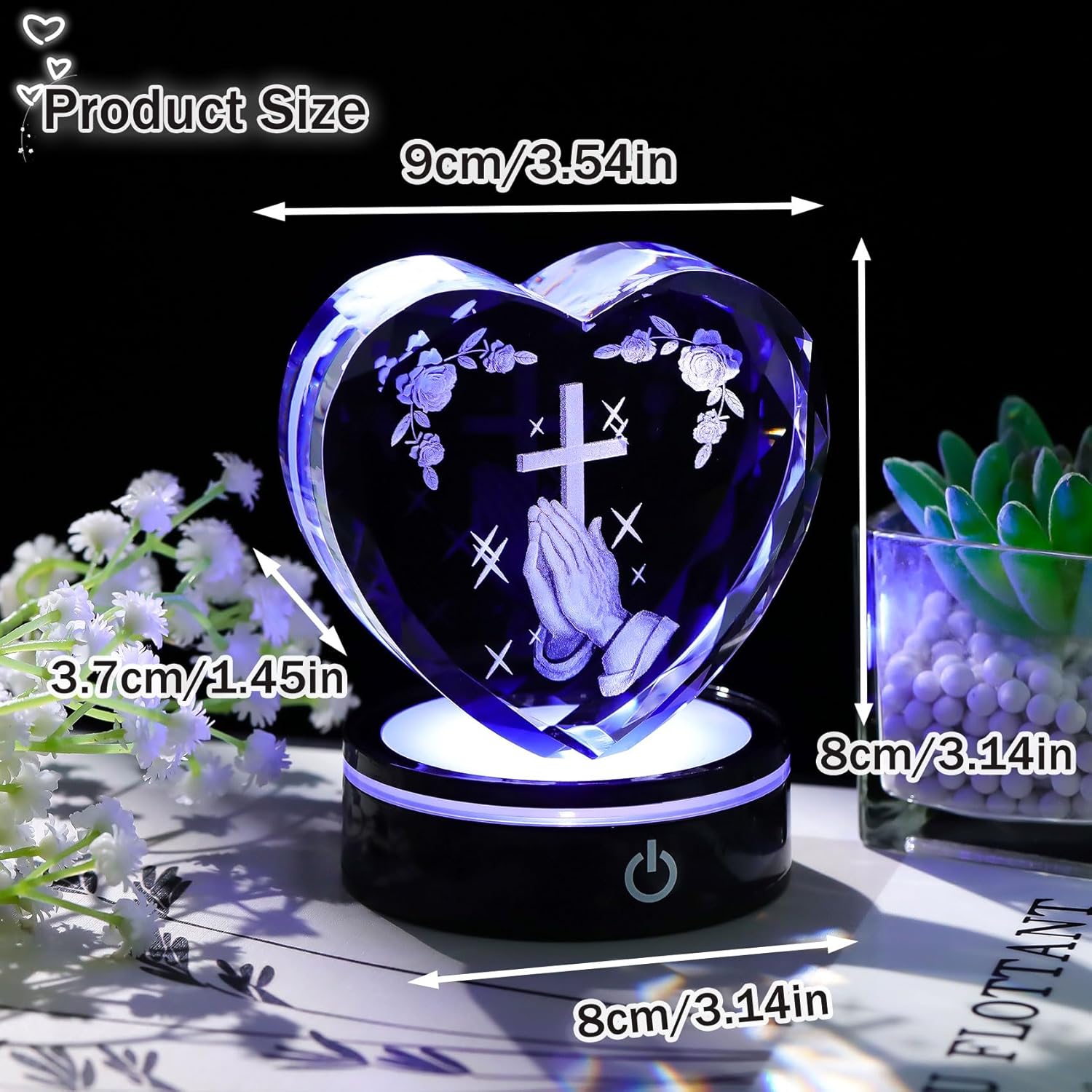 Ornalrist Crystal Heart 3D Praying Hands | Colorful LED Base Night Light Gift for Men & Women