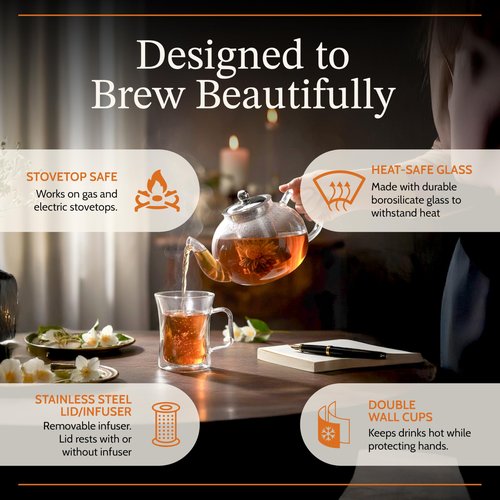 James Bentley Glass Coffee and Tea Set – Borosilicate Glass Teapot Set for Adults with 40oz Teapot & 4 Insulated Glasses, Stainless Steel Strainer for Bags and Loose Tea– Microwave, Dishwasher Safe