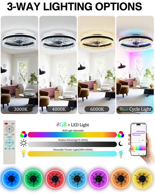 20" Bladeless Ceiling Fan with RGB Light and Remote/APP Control, Flush Mount Ceiling Fans Light with Reversible Mute Motor, Low Profile Enclosed Ceiling Fan for Bedroom/Kids Room/Kitchen (Black)
