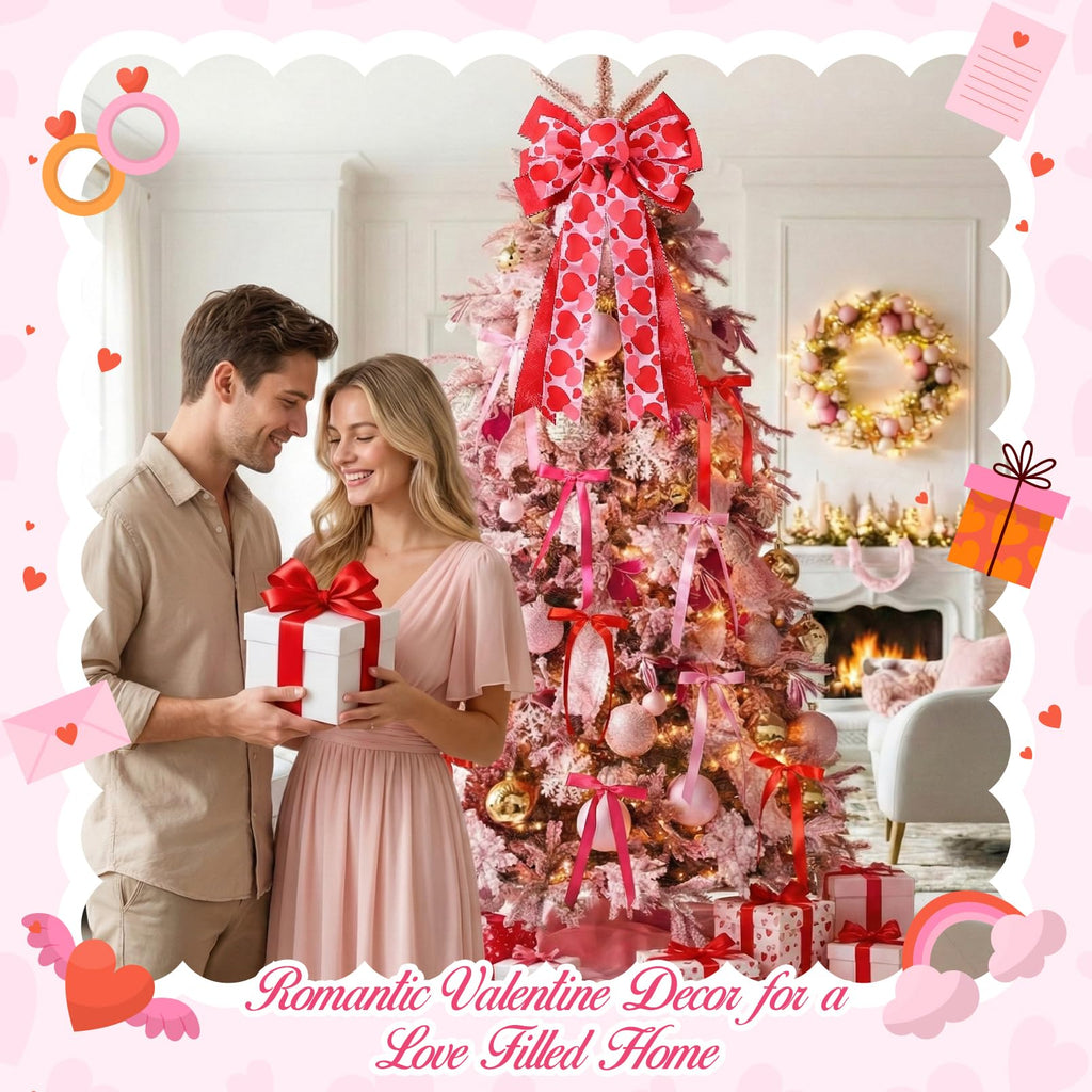 CEELGON Valentines Day Decorations Large Pink and Red Valentine Tree Topper Bow & 12 Pcs Long Satin Ribbon Bows Ornaments Wreath for Holiday Home Wall Decor
