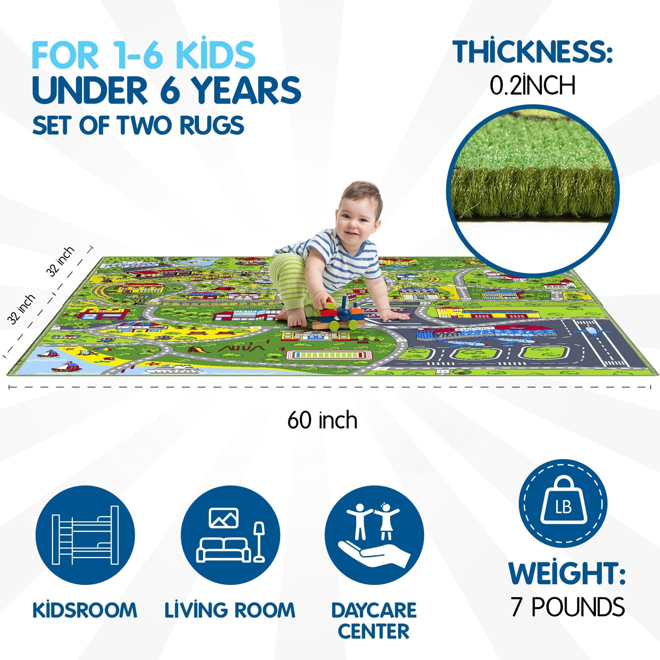 Booooom Jackson 2 Pack Car Rug,Non Slip Train Track Car Mat,Durable Road Play Area Kids Rug,Vibrant Kids Carpet for Playroom,Bedroom,Easy Store and Clean