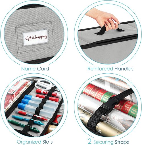 Hearth & Harbor Wrapping Paper Storage Container - Christmas Gift Wrap Organizer with Ribbon Dispenser | Holds 26 Rolls Up to 40" Long, Silver