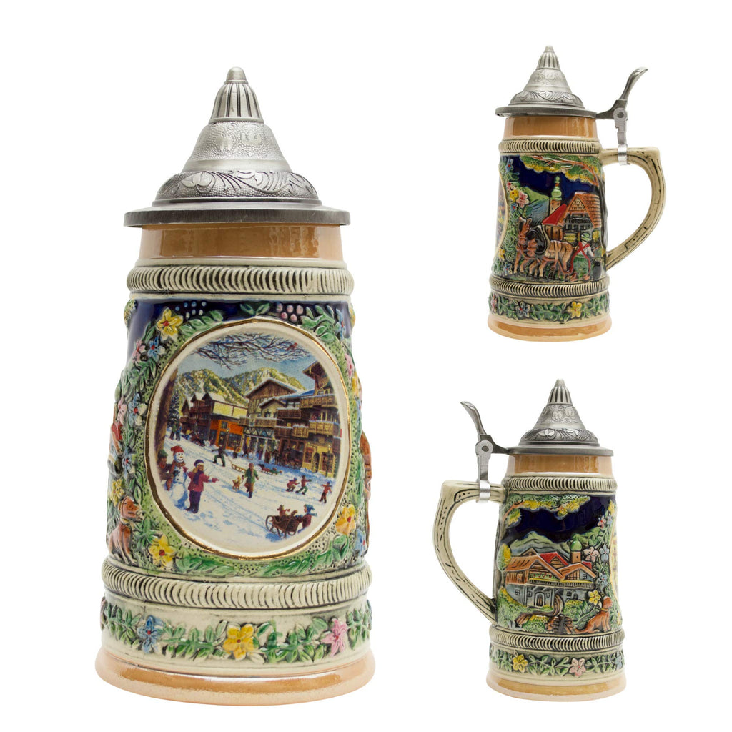 0.55 Liter OktoberfestHaus (Winter) In Germany Beer Stein With Lid - German Gifts for Men, Collectible Steins, Mugs for Beer Lover Gift Idea