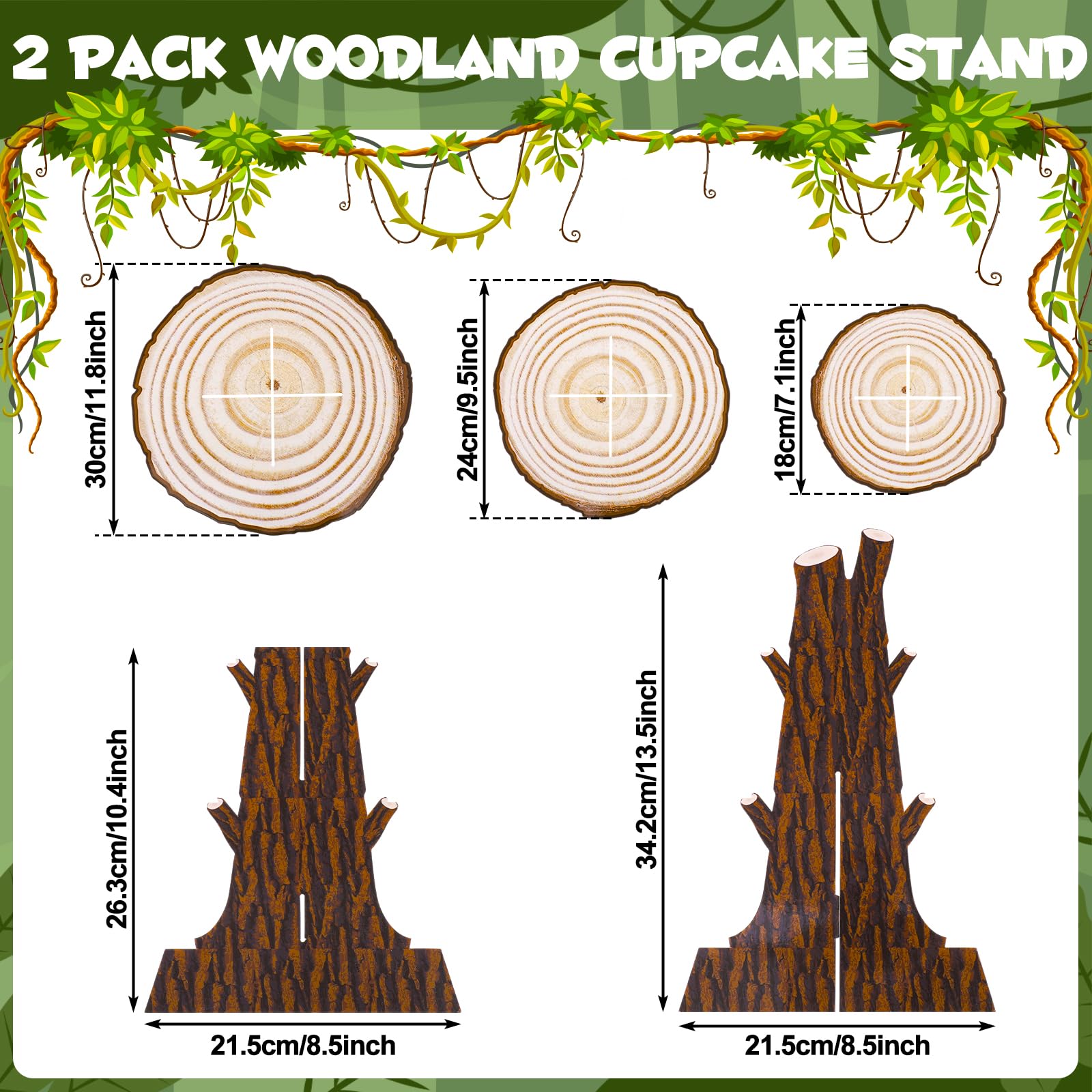 NatNarr 2 Pack Woodland Cupcake Stand Woodland Baby Shower Decorations 3 Tier Wooden Cupcake Stand Western Party Decor for Safari Baby Shower Birthday Forest Camping Party Supplies