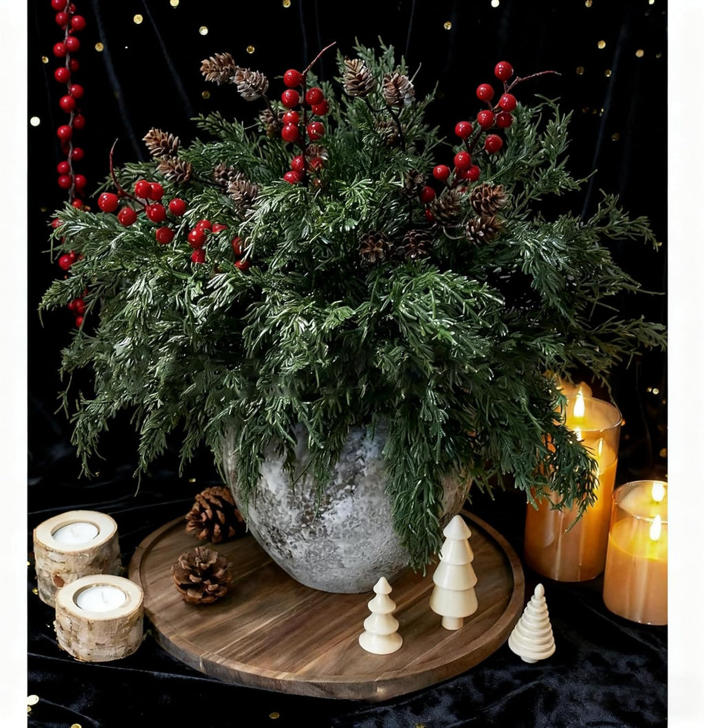 Norfolk Pine Faux Cedar Stems - Realistic Artificial Greenery for Christmas Decor | 1 Set with Berries & Pinecones