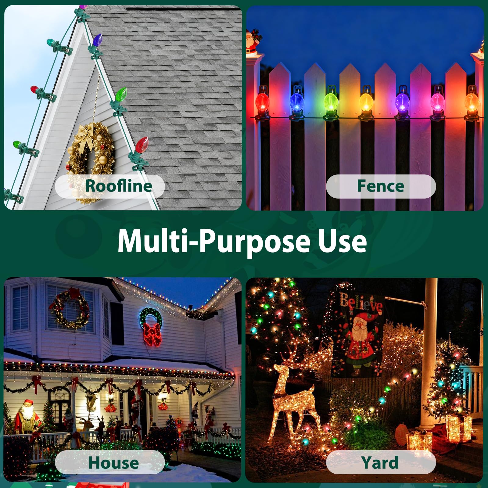 C7 C9 christmas light spring clips, 100Pcs Self-lock heavy duty quick Christmas Light Clips, Fit E12/E17 Base, Mini Lights Holiday Rope Lights, Perfect for gutter Shingle Metal Roof Fence Railing
