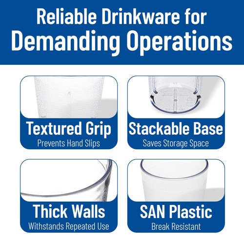 Carlisle FoodService Products Stackable Tumbler Plastic Tumbler with Pebbled Exterior for Restaurants, Catering, Kitchens, Plastic, 16 Ounces, Clear, (Pack of 72)