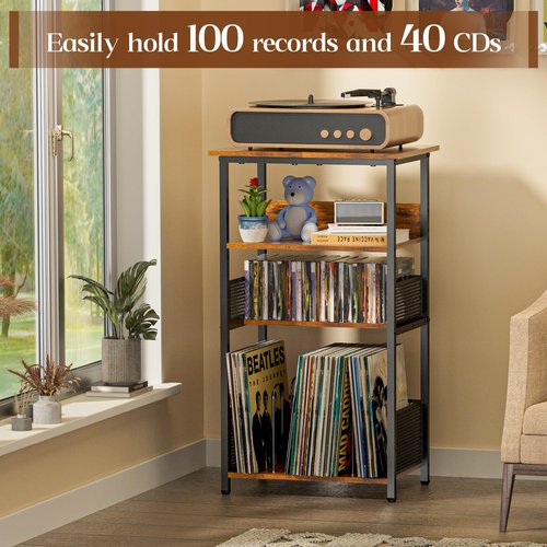 Huxitocan Record Player Stand with Storage Up to 100 Albums and 40 CDs, 4 Tier Vinyl Record Storage for Living Room, Turntable Stand with Record Holder & Display Shelf