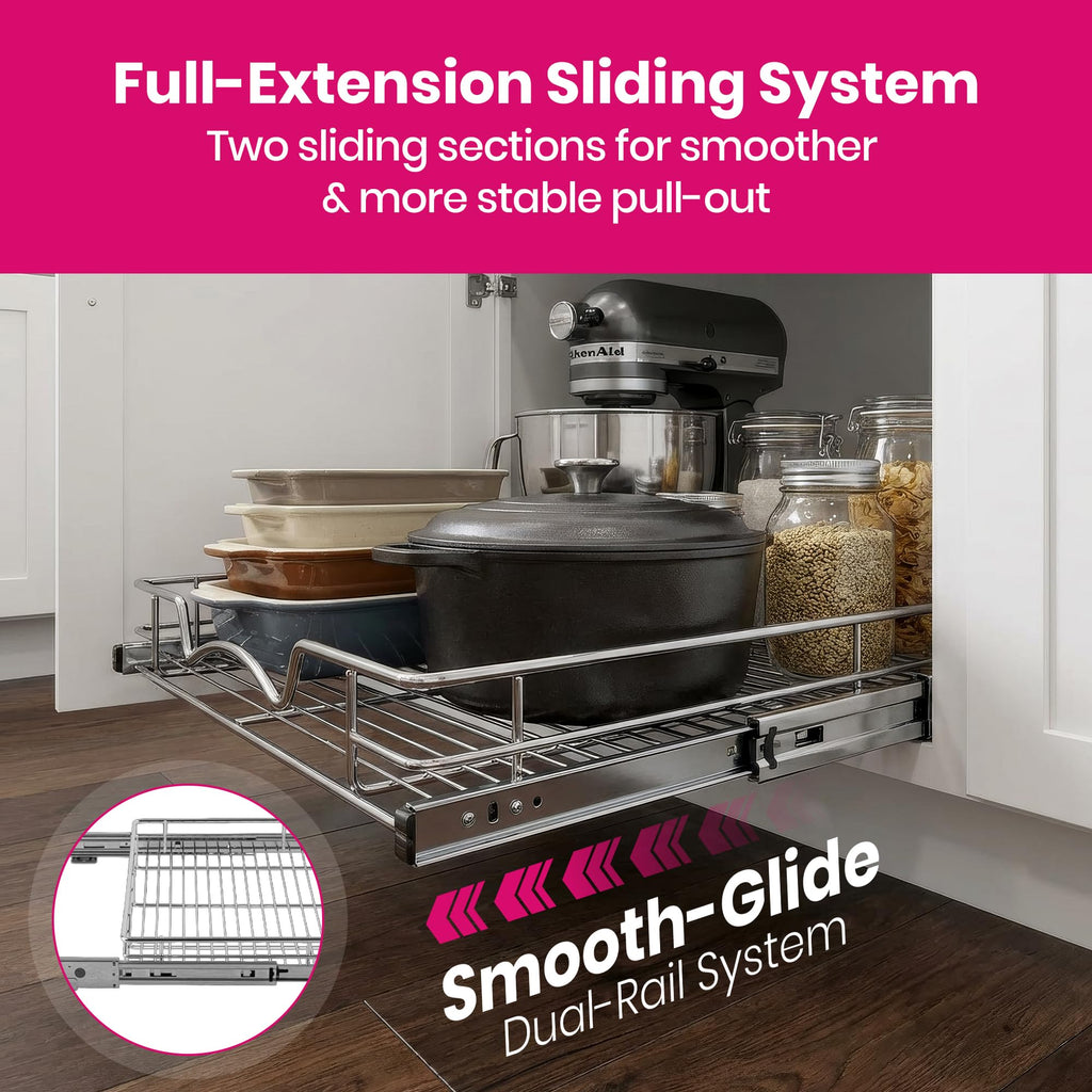 HOLDN’ STORAGE Pull Out Cabinet Organizer, Heavy Duty Caddy w/Lifetime Limited Warranty -26”W x 21”D - Requires At Least 27-1/4” Cabinet Opening, Steel Metal Cabinet Drawers Slide Out, Chrome