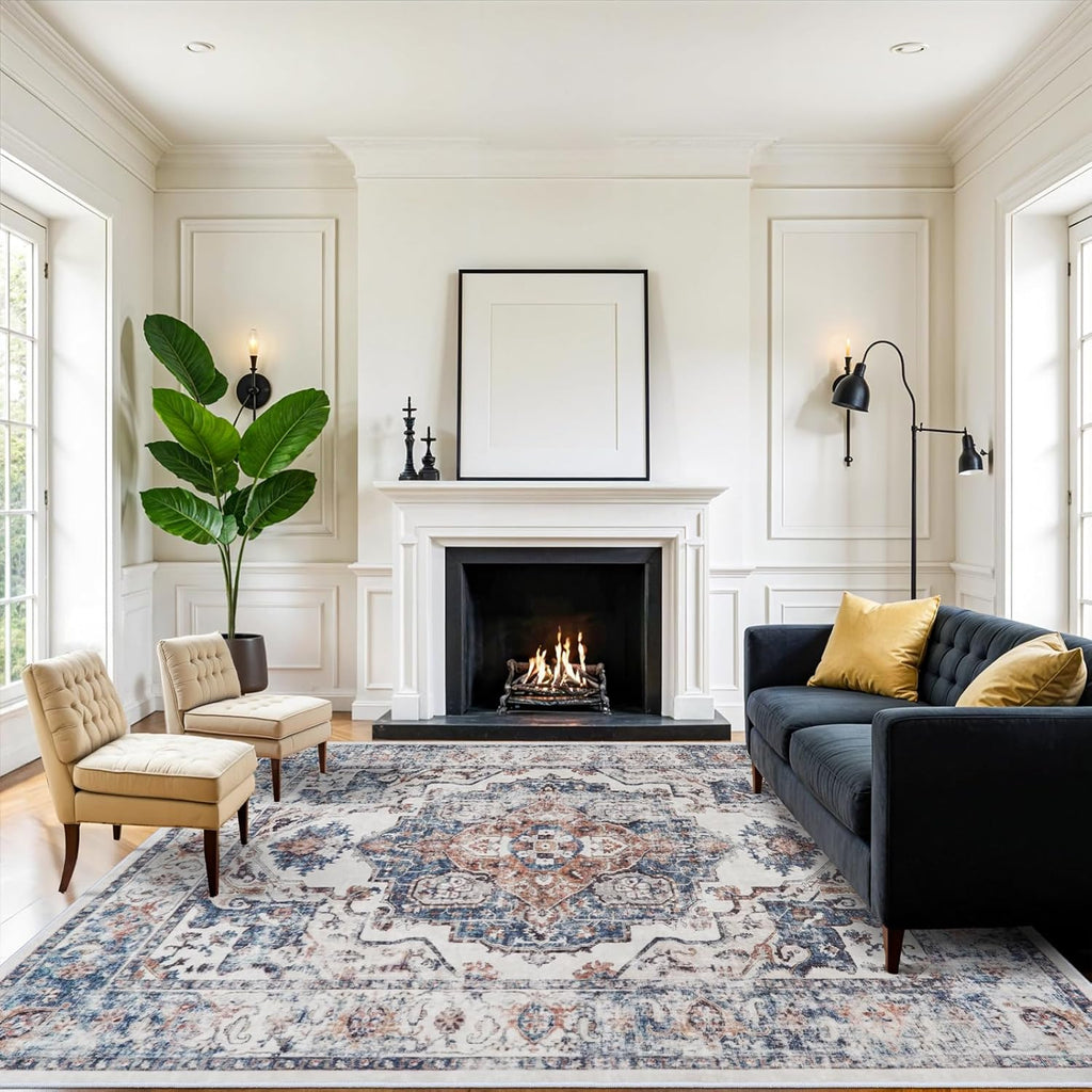 Skiennix Washable 8x10 Living Room Rug - Ultra Soft, Water Resistant Distressed Carpet for Home Decor