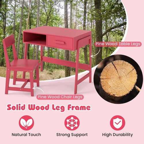 Costzon Kids Desk and Chair Set, Wooden Children Table with Drawer, Student Writing Table Computer Workstation for 3-8 Years Old, Kids Study Desk for Bedroom, School (Pink)