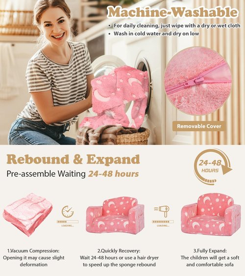 Kids Couch, 2-in-1 Soft Toddler Couch Fold Out with Blanket and Cloud Pillow, Glow in The Dark, Convertible Sofa, Gifts for Kids Girl Boys, Medium Pink Moon