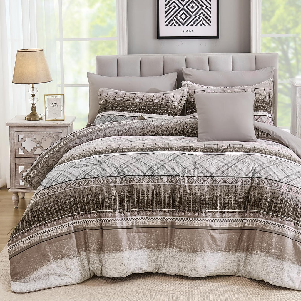WONGS BEDDING Queen Size Comforter Set 8 Piece, Texture Striped Bed in a Bag Brown Comforter and Sheet Set, Boho Lightweight Microfiber Bedding Set for All Season (90"×90")