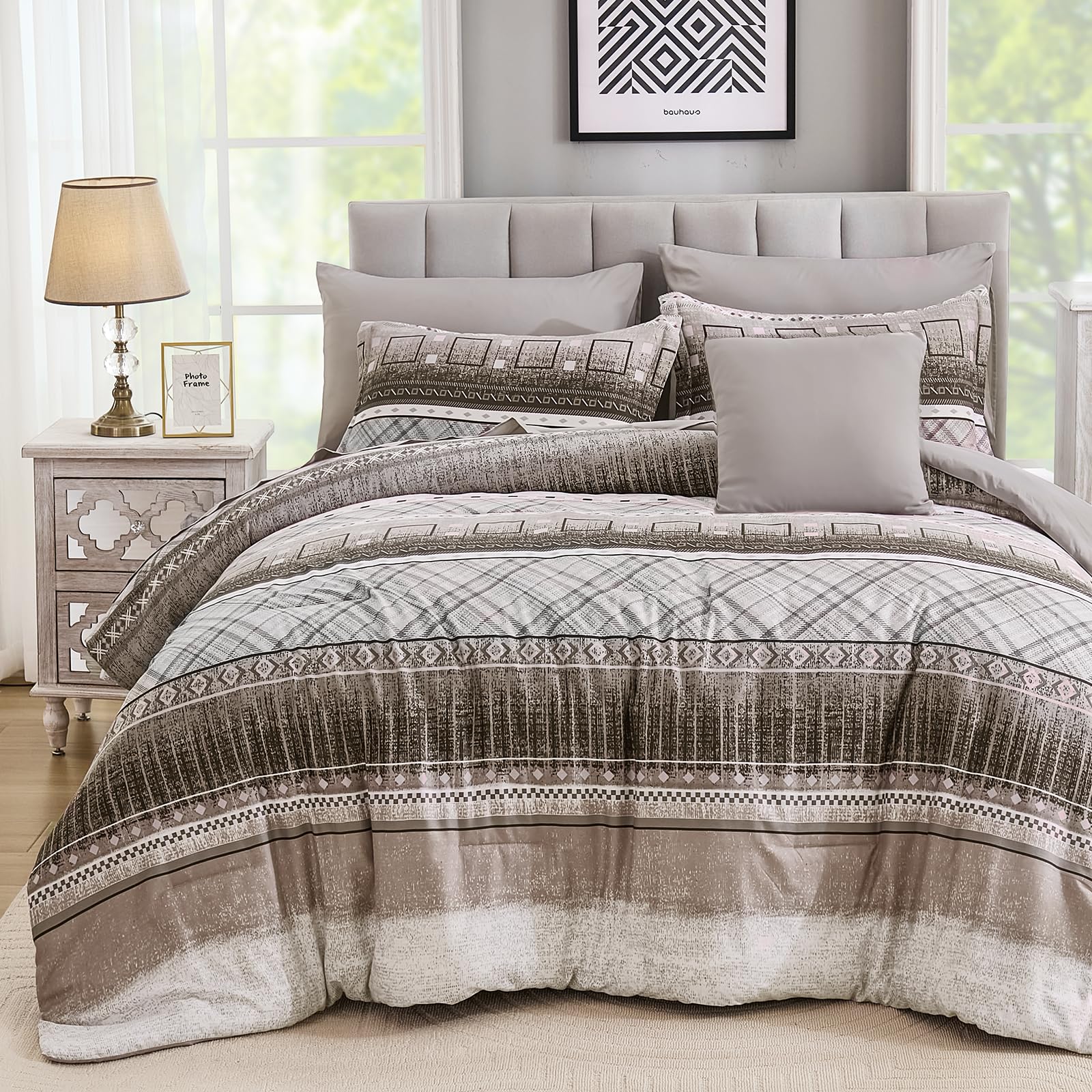 WONGS BEDDING Queen Size Comforter Set 8 Piece, Texture Striped Bed in a Bag Brown Comforter and Sheet Set, Boho Lightweight Microfiber Bedding Set for All Season (90"×90")
