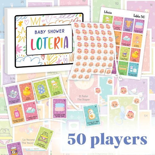 Woodamore Baby Shower Loteria Bilingual - Baby Shower Bingo For Babies Shower Games Spanish And English, Funny Party Bingo for Girls Boys, Loteria Game For 50 Players