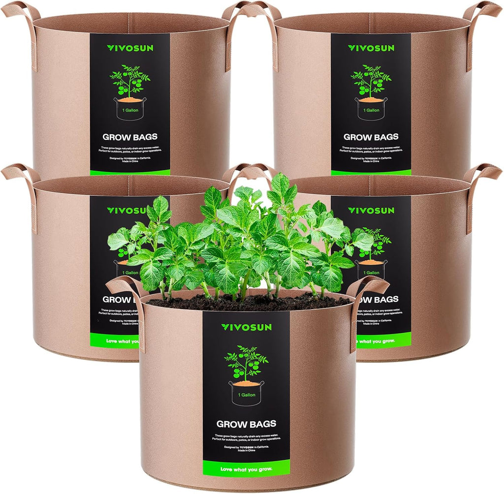 VIVOSUN 5-Pack Heavy Duty 1 Gallon Grow Bags | Thickened Nonwoven Fabric Pots with Strap Handles - Tan