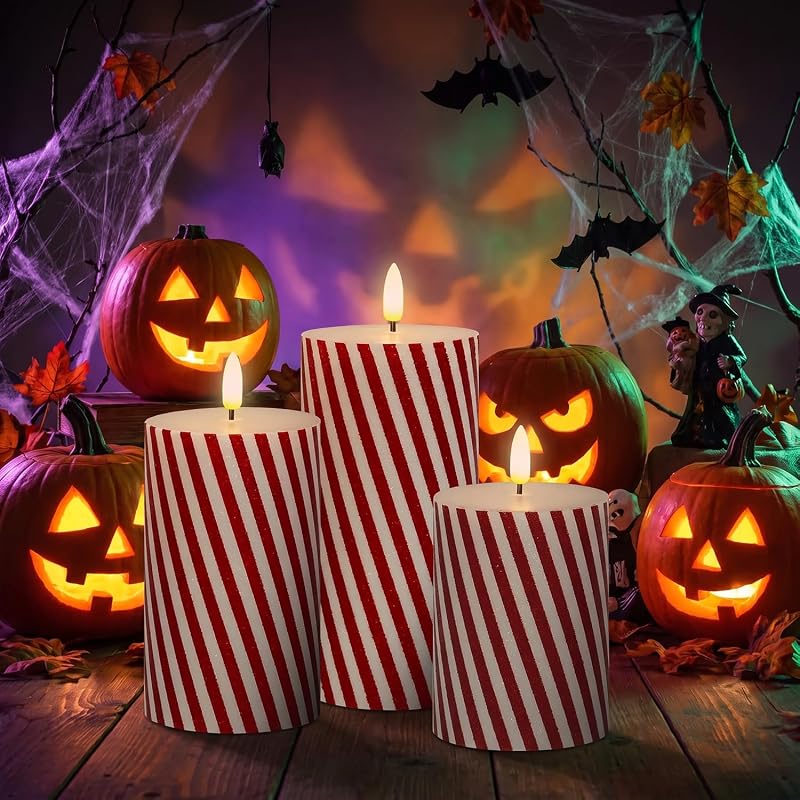 Variation of THIS listing: Christmas Flickering Red Stripes Glitter Flameless Candles, Battery Operated Pillar Real Wax LED with Remote Timer, 3-Set, Thin Red Stripes