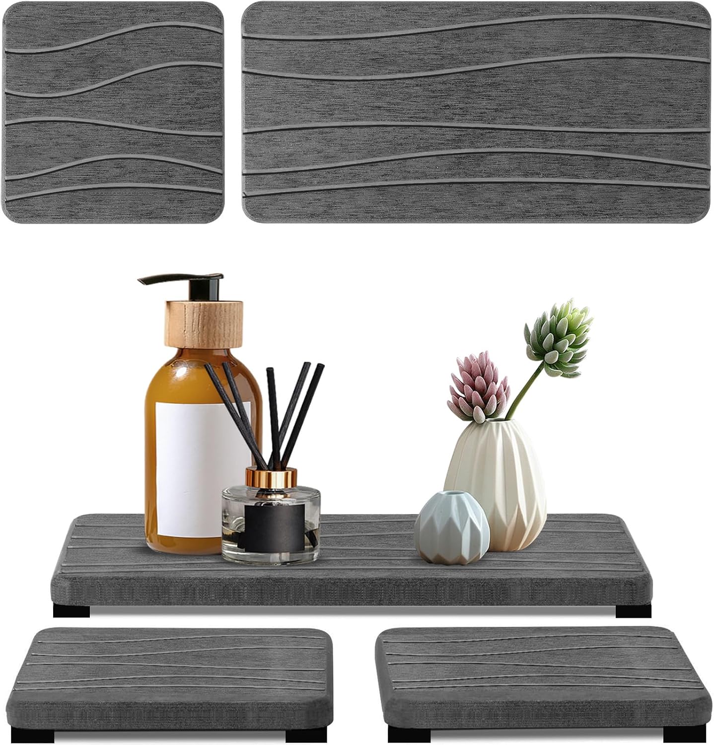 Skiennix Water Absorbing Stone Tray - Fast Drying Diatomite Coasters for Kitchen & Bathroom | 3PCS Set