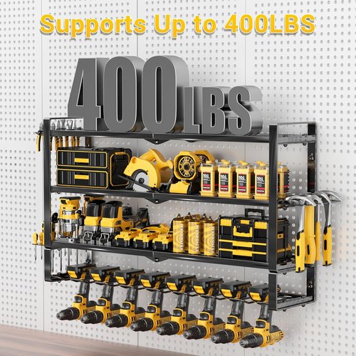**Skiennix Heavy Duty Power Tool Organizer - 4 Layers Wall Mount with 8 Cordless Drill Holders | 400lbs Capacity**