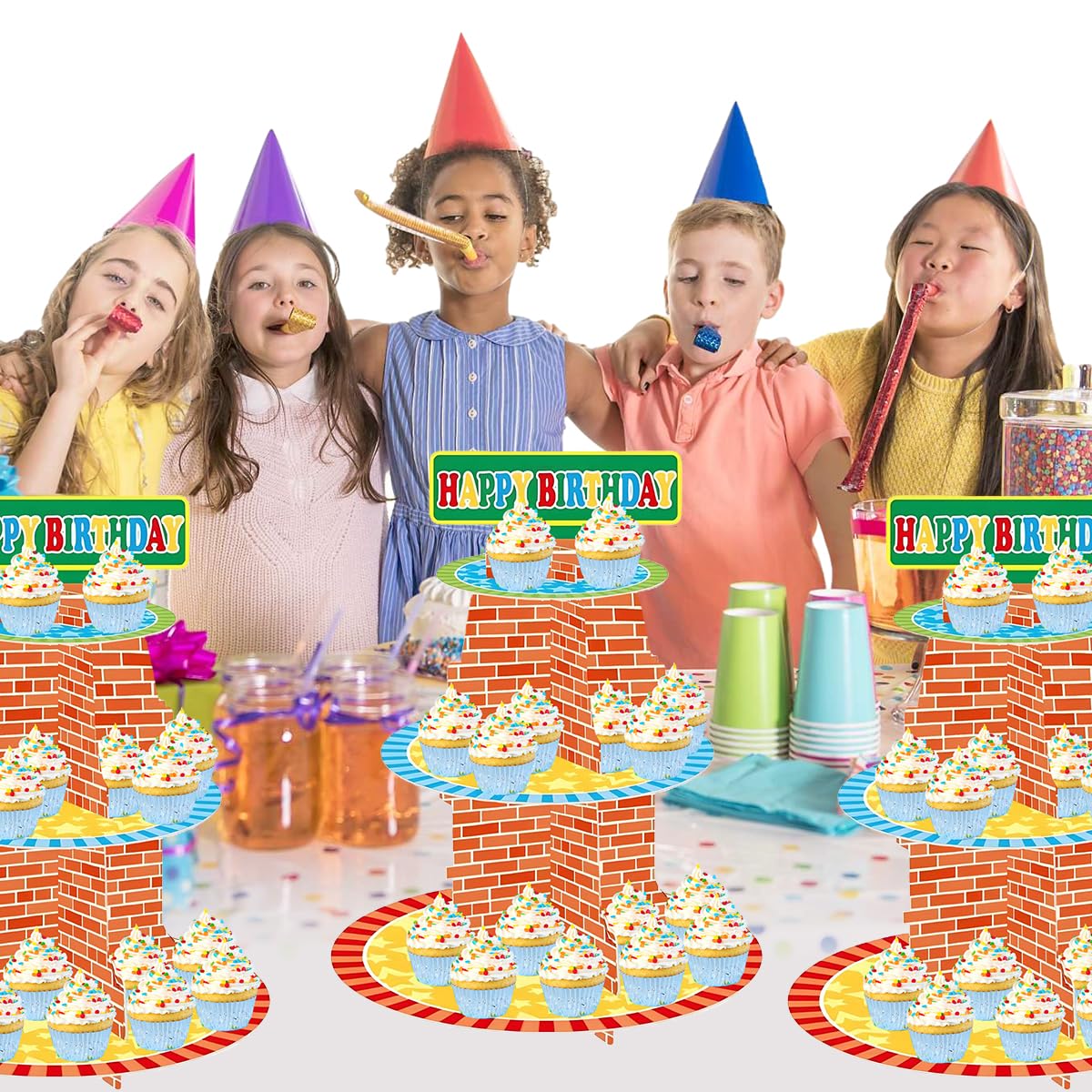 Red Brick Wall Birthday Cupcake Stand Party Supplies Decorations Three-Tiered Cupcake Stand Tower Tiered Dessert Stand